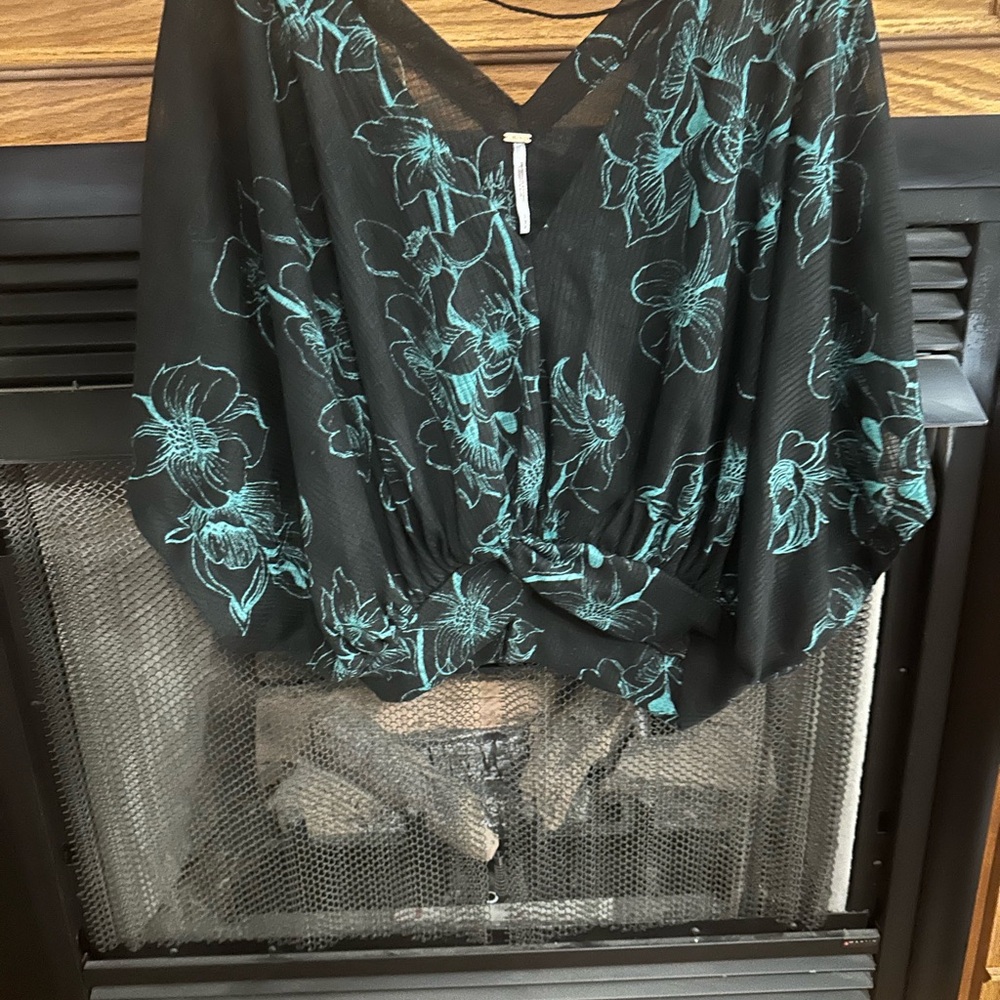 Free People Floral Black and Teal Women's Camisole Size Small